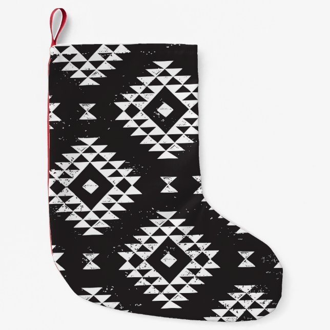 Meia De Natal Pequena Navajo Geométrico: Tribal Branco Negro. (Frente)