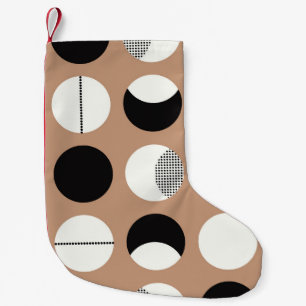 Meia De Natal Pequena Negra, círculos brancos, fundo castanho.