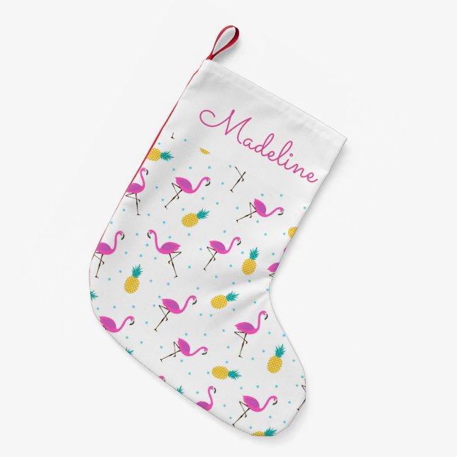 Meia De Natal Pequena Neon Flamingos| Adicione Seu Nome (Frente (Pendurada))