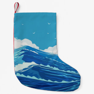 Meia De Natal Pequena No oceano. Lindas ondas de mar grandes e azuis