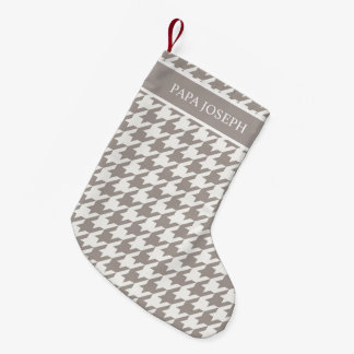 Meia De Natal Pequena Nome da Família Bark Greige Houndstooth
