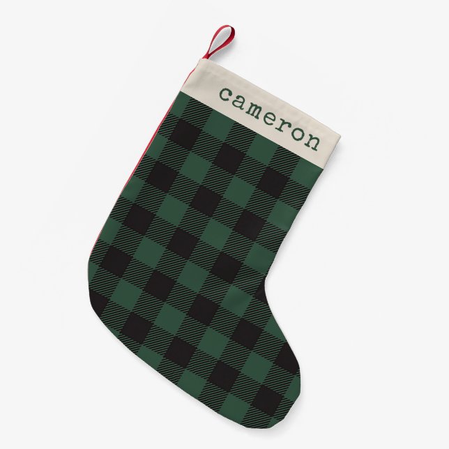 Meia De Natal Pequena Nome da Xadrez do Tartan Negro Clássico (Frente (Pendurada))