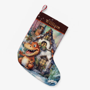 Meia De Natal Pequena Nome de adição do dinossauro de aquarela natalina