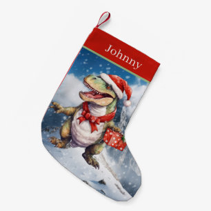 Meia De Natal Pequena Nome de adição do dinossauro de aquarela natalina