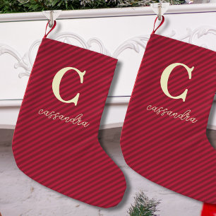 Meia De Natal Pequena Nome de Monograma Listrado Simples Vermelho