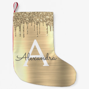Meia De Natal Pequena Nome do Monograma Dourado Glitter Brugado Metal