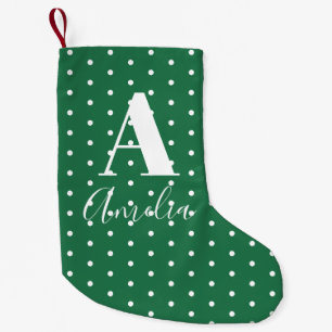 Meia De Natal Pequena Nome do Monograma Verde Bolinhas Duplo Lado