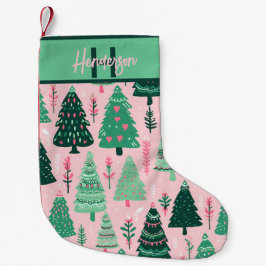 Meia De Natal Pequena Nome do padrão de árvore de Natal rosa e verde cap