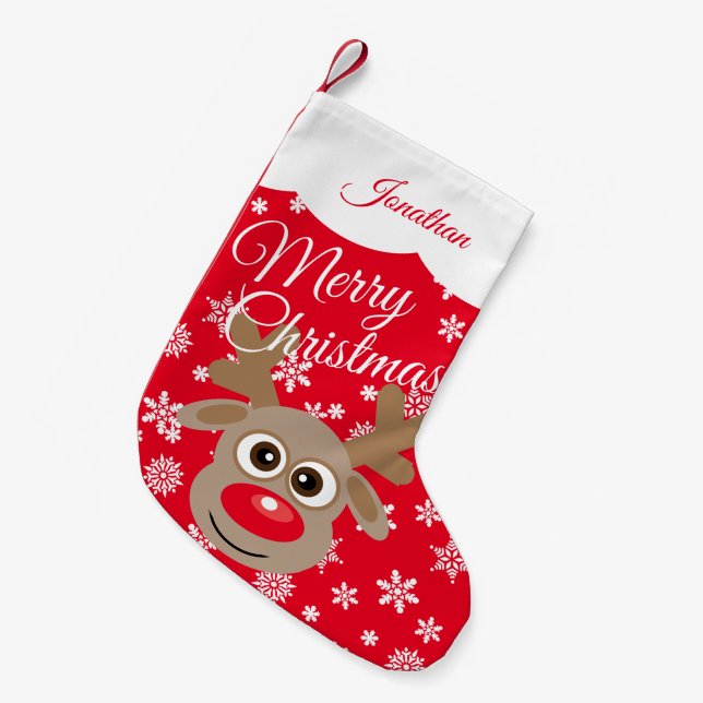 Meia De Natal Pequena Nome do Script Branco Vermelho da Reindeer de Nata (Frente (Pendurada))