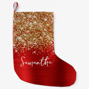 Meia De Natal Pequena Nome Dourado do Glam Vermelho da Glitter