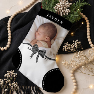 Meia De Natal Pequena Nome e Foto de Arco Preto Fofo Primeiro Natal do B