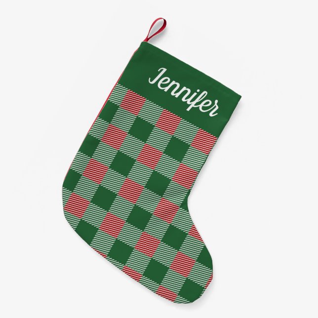 Meia De Natal Pequena Nome em Letra Cursiva Xadrez Verde Rústico  (Frente (Pendurada))