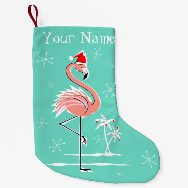 Meia De Natal Pequena Nome Flamingo de Natal com dois lados (Frente)