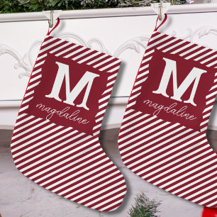 Meia De Natal Pequena Nome Monograma Listrado Simples de Vermelho e Bran