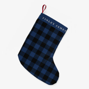 Meia De Natal Pequena Nome Personalizado Azul Preto Plaid Buffalo Rústic