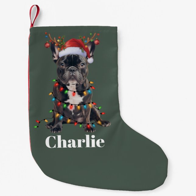 Meia De Natal Pequena Nome Personalizado Cão-Bulldog Francês de Natal (Frente)