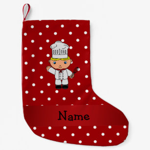 Meia De Natal Pequena Nome personalizado chef bolinhas brancas vermelhas