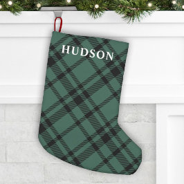 Meia De Natal Pequena Nome Personalizado da Xadrez Verde Pine Tartan