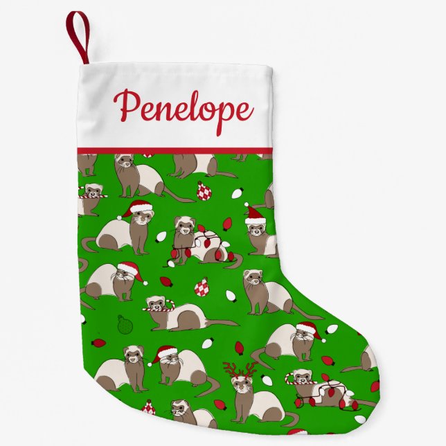 Meia De Natal Pequena Nome Personalizado de Ferret de Natal (Frente)