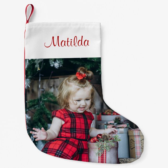 Meia De Natal Pequena Nome Personalizado de Foto e Monograma do Bebê Cut (Frente)