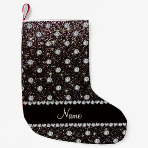 Meia De Natal Pequena Nome personalizado: diamantes de brilho preto