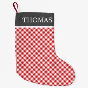 Meia De Natal Pequena Nome Personalizado do Colar Preto de Gingham Verme