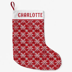 Meia De Natal Pequena Nome Personalizado do Floco de Neve Branco Vermelh