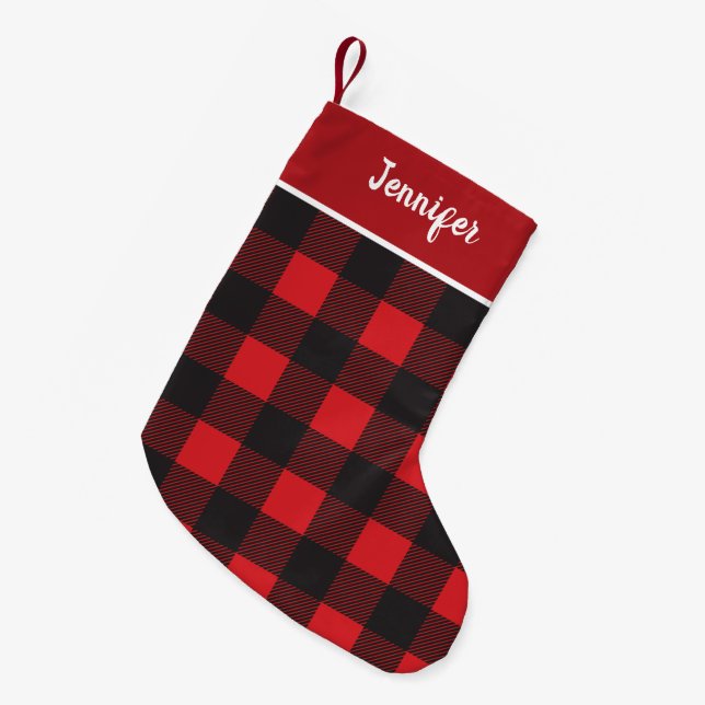 Meia De Natal Pequena Nome Personalizado do Padrão Lumberjack Preto Verm (Frente (Pendurada))