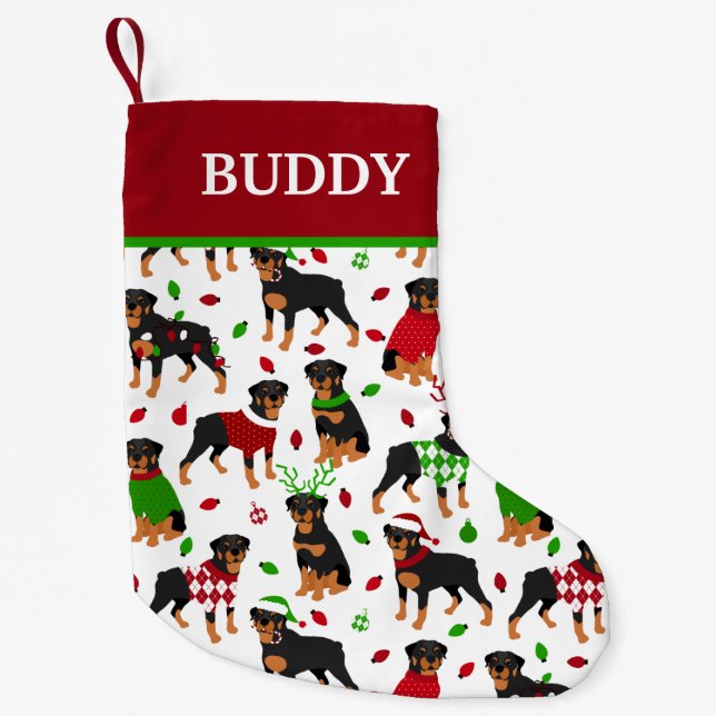 Meia De Natal Pequena Nome Personalizado do Rottweiler de Natal (Frente)
