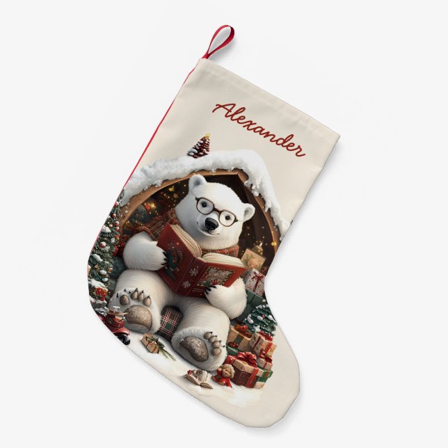 Meia De Natal Pequena Nome Personalizado do Urso Poler (Frente (Pendurada))