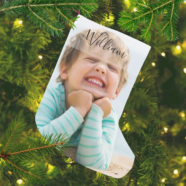 Meia De Natal Pequena Nome Personalizado e Foto (Personalized Name and Photo Small Christmas Stocking)