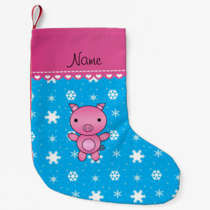 Meia De Natal Pequena Nome personalizado flocos de neve azuis do porco