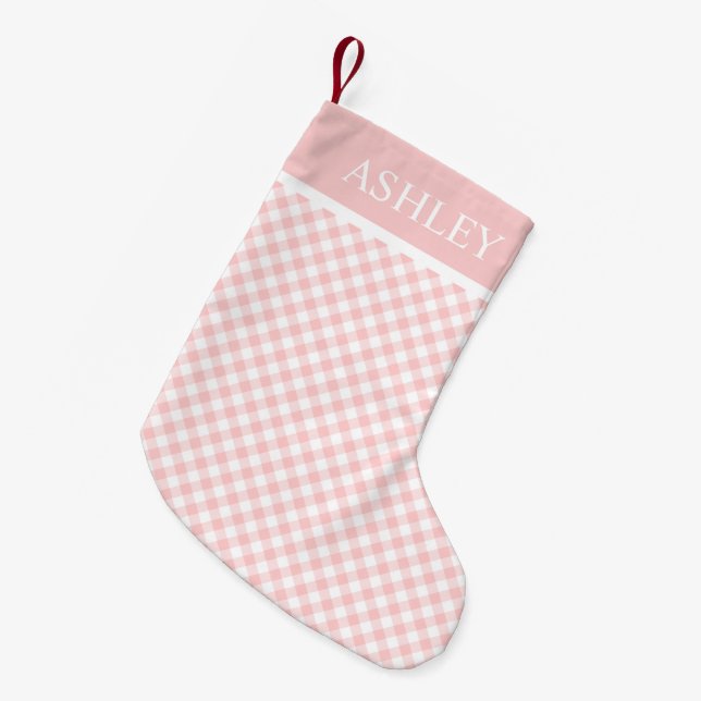 Meia De Natal Pequena Nome Personalizado Gingham Branco Rosa (Frente (Pendurada))