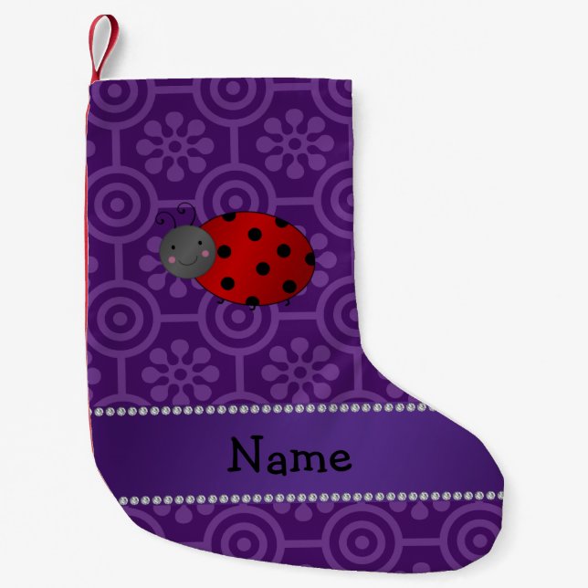 Meia De Natal Pequena Nome personalizado ladybug flores roxas retro (Frente)