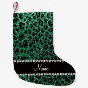 Meia De Natal Pequena Nome personalizado mint verde brilho leopardo
