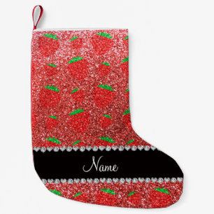 Meia De Natal Pequena Nome personalizado morango cor-de-rosa-coral