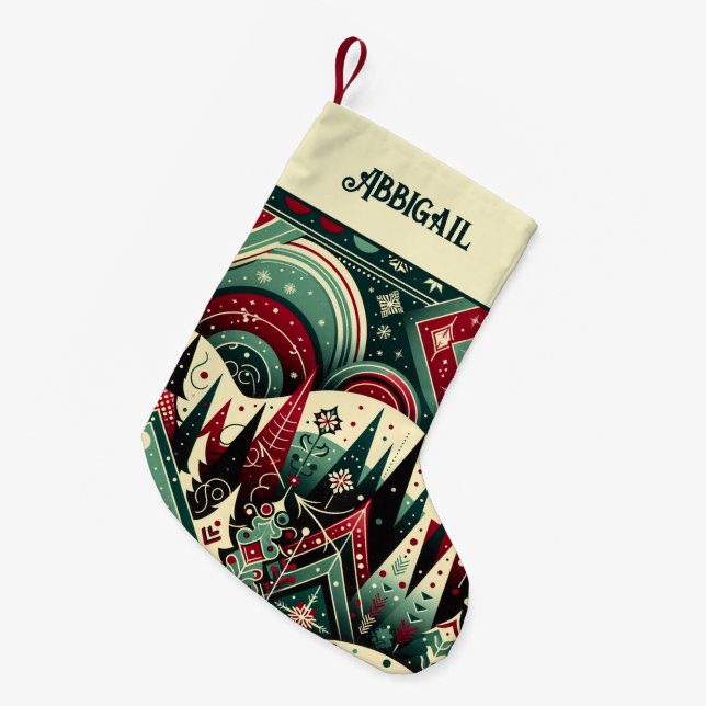 Meia De Natal Pequena Nome Personalizado Padrão de Férias Vermelho e Ver (Frente (Pendurada))