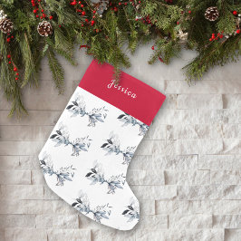 Meia De Natal Pequena Nome Personalizado Padrão Folhagem de Inverno Nata