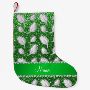 Meia De Natal Pequena Nome personalizado penas prateadas brilho verde