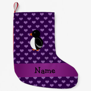 Meia De Natal Pequena Nome personalizado pinguim roxo corações