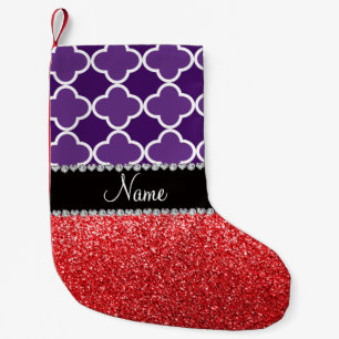 Meia De Natal Pequena Nome personalizado quatrefoil vermelho roxo