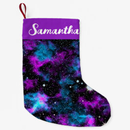 Meia De Natal Pequena Nome Personalizado Roxo e Galáxico Azul
