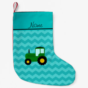 Meia De Natal Pequena Nome personalizado trator verde turquoise chevrons