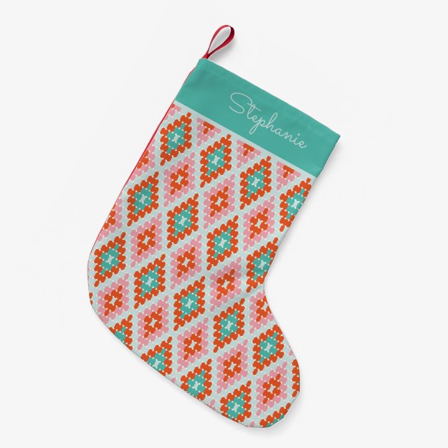 Meia De Natal Pequena Nome Personalizado Vintage Geométrico Pastel Verde (Frente (Pendurada))