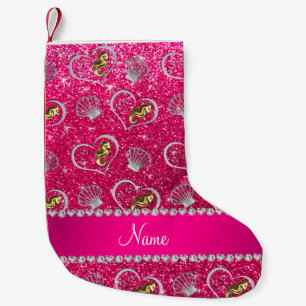 Meia De Natal Pequena Nome rosa cor-de-rosa dourado cavalo marinho prata