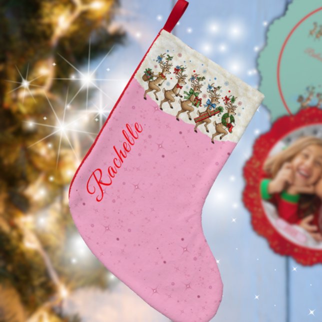 Meia De Natal Pequena Nome Rosa Marching Quirky Christmas Reindeer (Criador carregado)