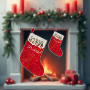 Meia De Natal Pequena Nome Vermelho Desfile de Rena Natalina Excêntrica
