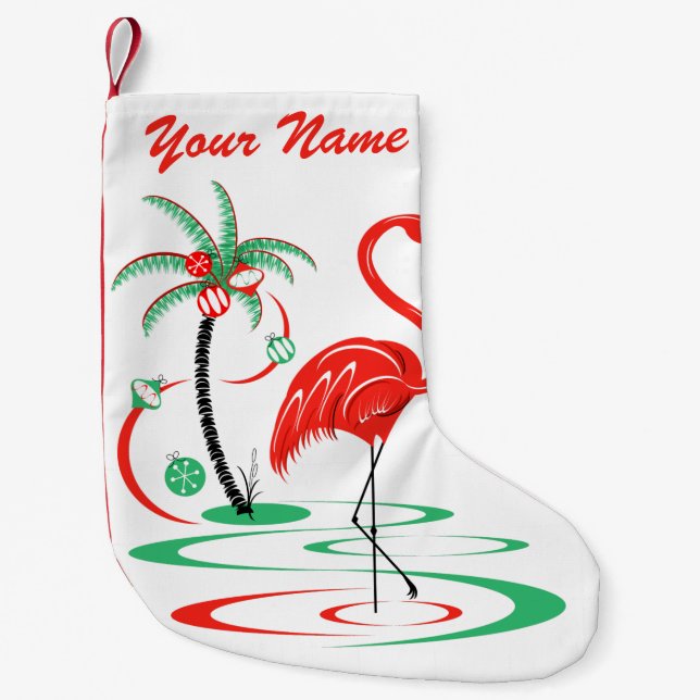 Meia De Natal Pequena Nome vermelho do flamingo do Natal que armazena um (Frente)