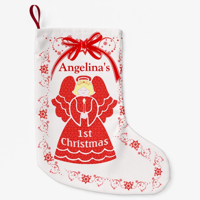 Meia De Natal Pequena ø Anjo do Natal para o nome do costume do bebé (Frente)