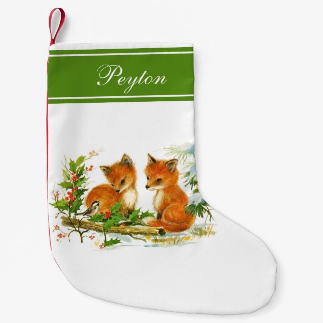 Meia De Natal Pequena O bebê Foxes a meia personalizada azevinho do (Frente)